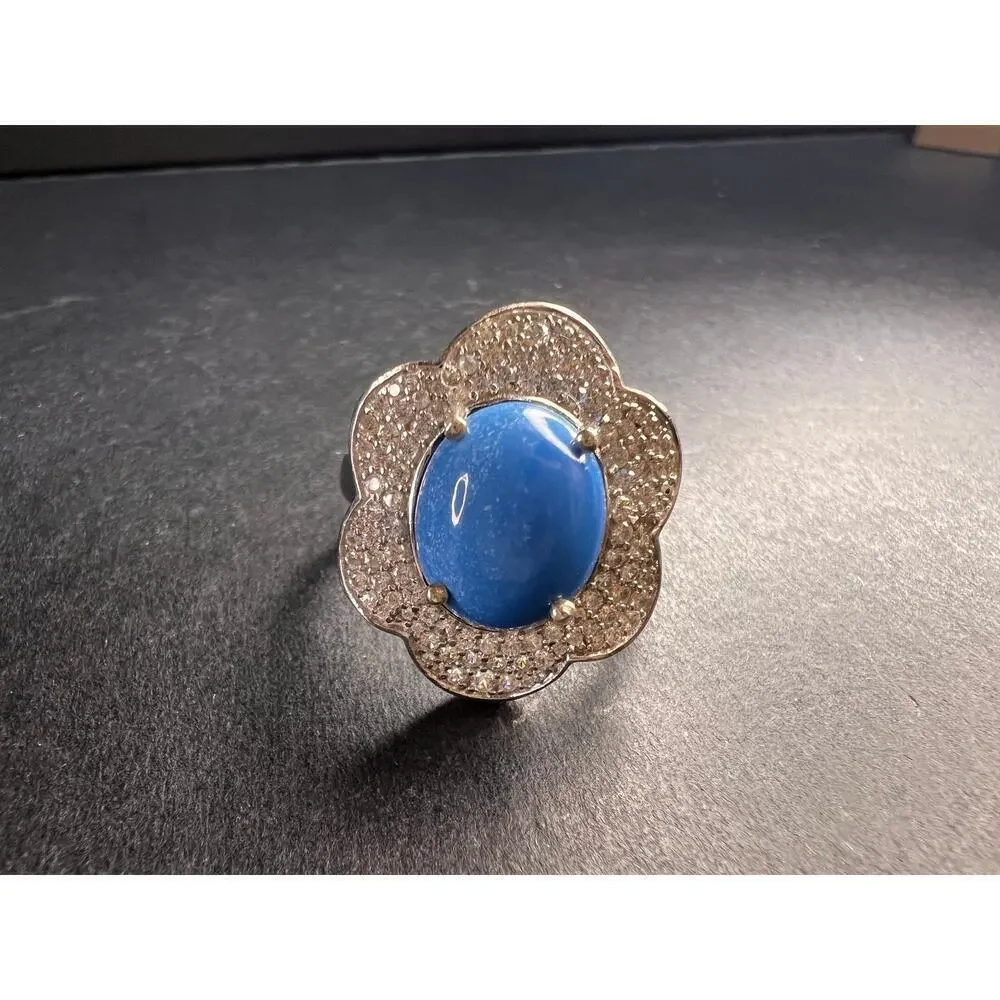 NEW Ceruleite and zircon blossom ring in rhodium over sterling silver size 8